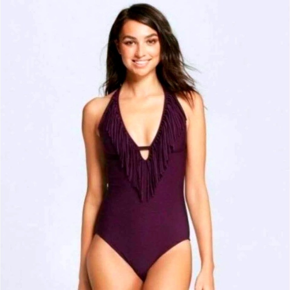 Mossimo Supply Co. Plum Purple Fringe Halter One-Piece Swimsuit